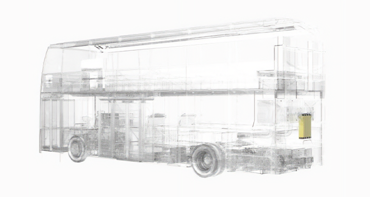 A diagram of a hydrogen-powered bus showing location of Bramble's fuel cell technology
