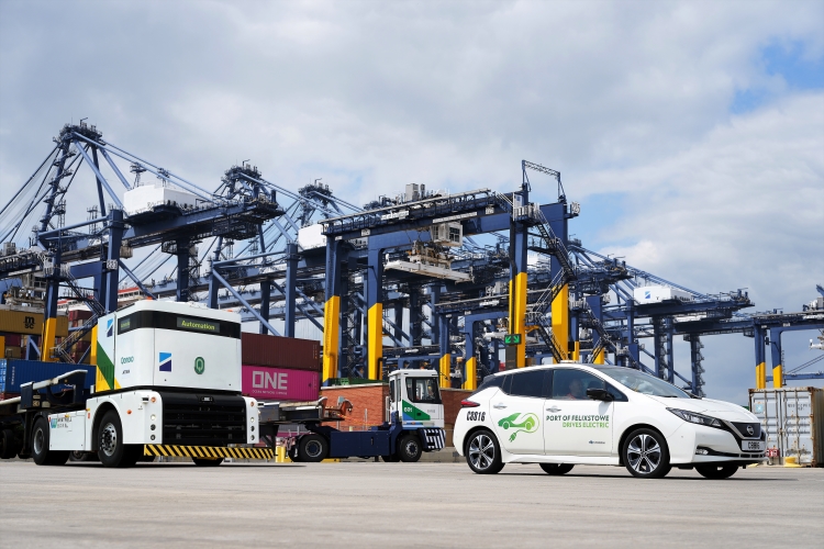 An electric vehicle and electric-powered equipment at the Port of Felixstowe