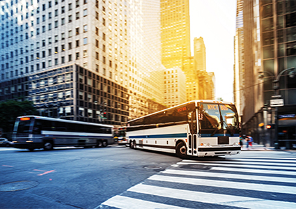 bus on city street