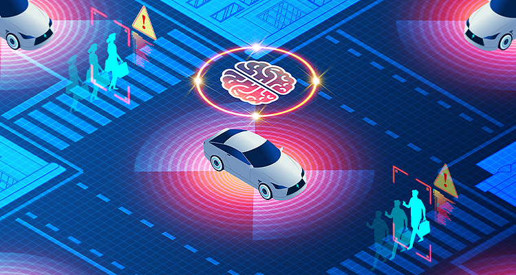 A cartoon image showing a car with AI software installed to show obstructions in the road.