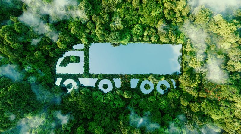 Artificial birdseye view image of a rain forest with the outline of a truck inside to support sustainable transportation article