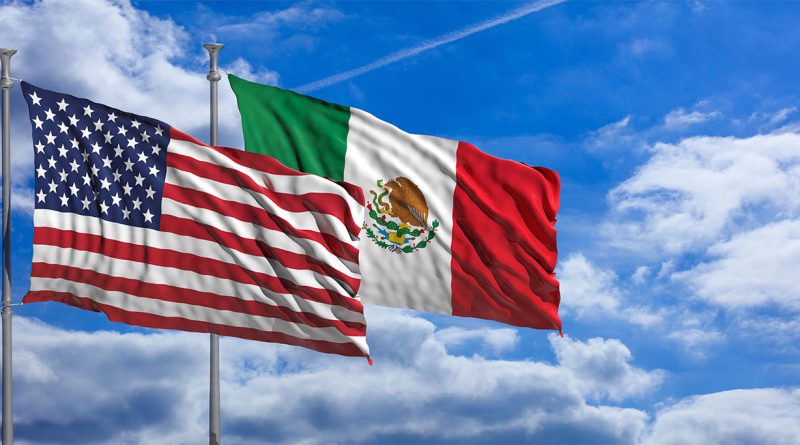 Image of the American flag and the Mexican flag next to each other blowing in the mind to support global supply chain article