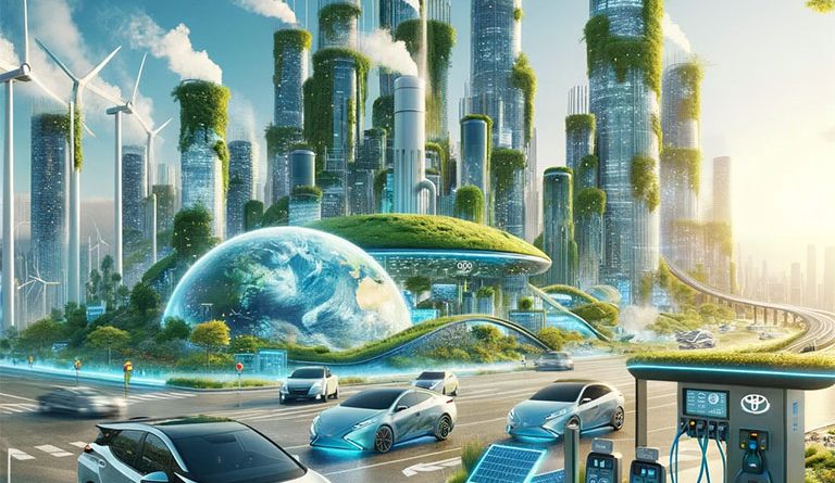 Digital image of hybrid and electrical cars driving around a city covered in greenery and trees to support green cars article