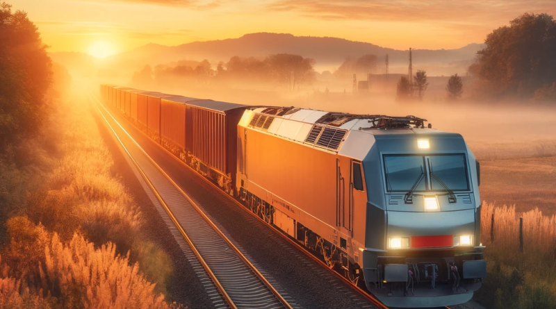Modern freight train moving along tracks in a scenic rural area at sunrise, highlighting the blend of natural beauty and industrial activity.