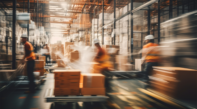 A busy warehouse scene captured with motion blur, showcasing the dynamic environment of logistics and supply to support Forward Air article