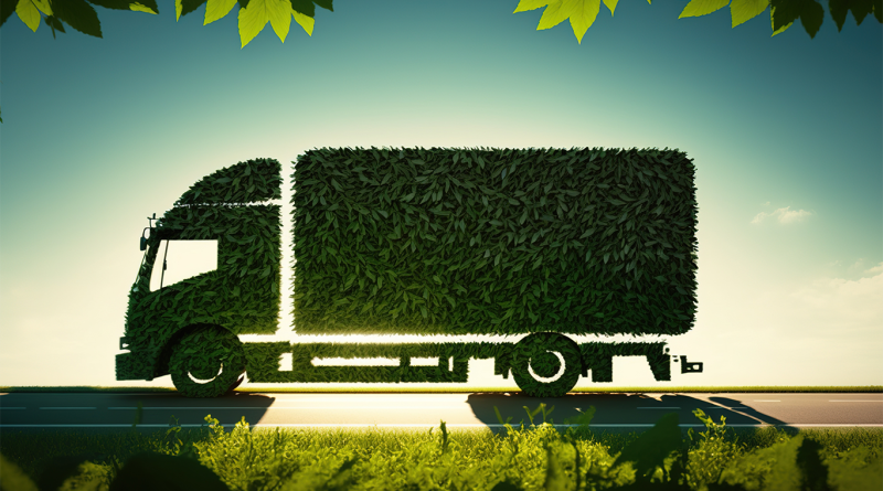 Digital image of a truck made out of green leaves to support sustainable logistics article