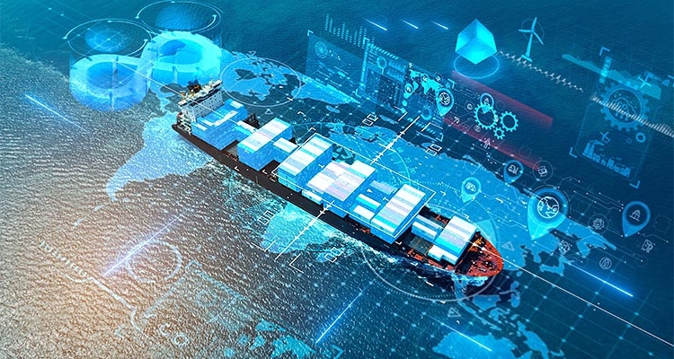 AI technology. Global Logistics international delivery concept, World map logistic and supply chain network distribution container Ship running for export import to customs cean concept