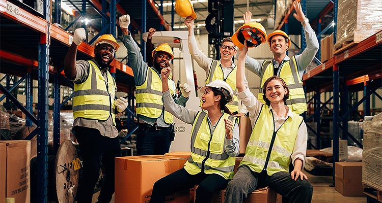 Warehouse staff in yellow hi-vis jackets cheering