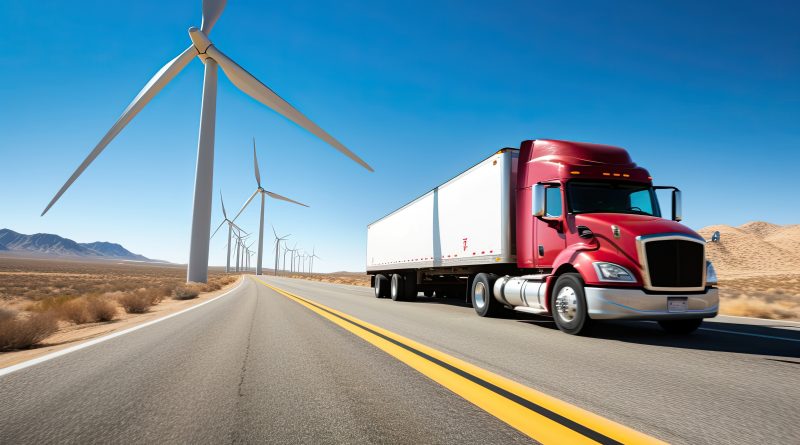 A truck driving with wind turbines in the background, symbolizing sustainability and carbon offsetting.