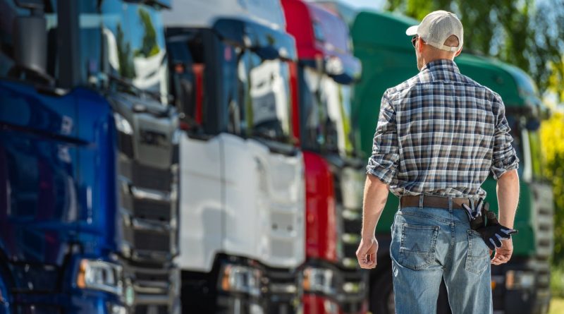 A fleet manager inspects a row of brightly colored trucks, representing fleet management companies and services, such as vehicle tracking, maintenance, and optimization.