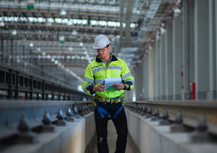 worker in yellow high-vis jacket inspecting rail tracks