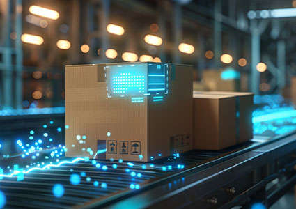 conveyor belt in a distribution warehouse with row of cardboard box packages