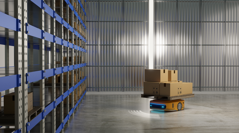 autonomous delivery robot in warehouse with packages