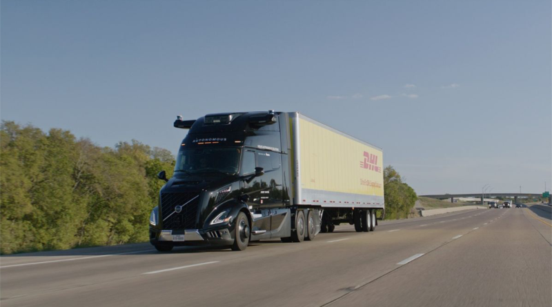 Autonomous DHL truck driving on road