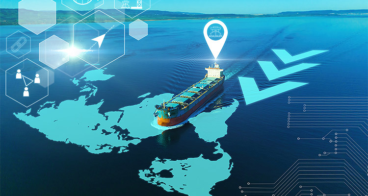 Logistic and transportation technology, Bulk dry cargo ship underway in sea with AI Logistic and transportation technology. International import export trade