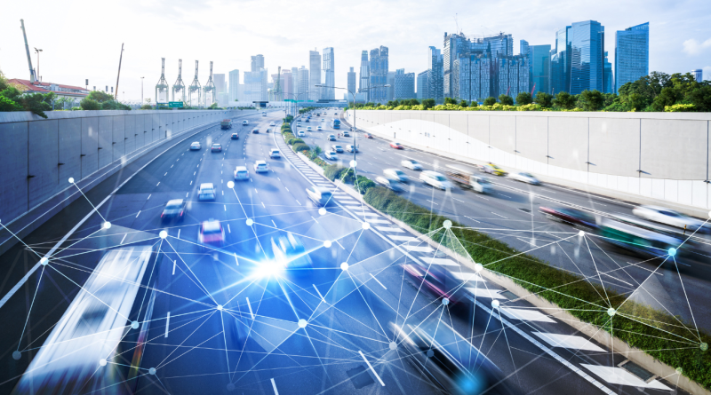 AI in transportation smart highway with connected vehicles in a futuristic city.