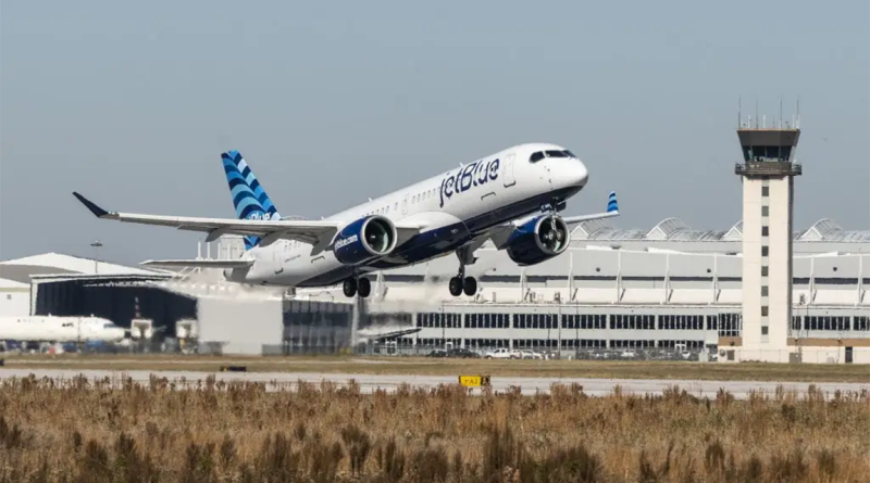 JetBlue plane taking off outside airport