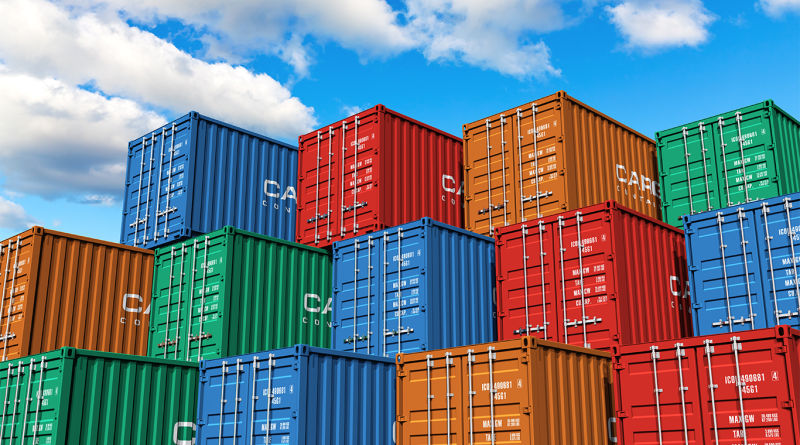 Cargo shipping containers stacked on top of each other to support Trade Tech article