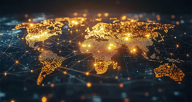 Dynamic digital world map emphasize Western Europe continental for AI powered global network connectivity big data transfer cyber technology network information exchange and telecommunication concept.