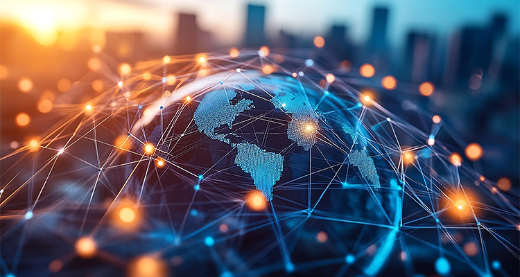 Global business structure of networking Analysis and data exchange customer connection HR recruitment and global outsourcing Customer service Teamwork Strategy Technology and social ne : Generative AI