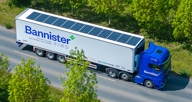 Implementing the UK’s first fully electric refrigerated fleet, Bannister Transport is pioneering zero-emission deliveries a Bannister Transport truck, which is part of their fleet transitioning to a fully zero-emission refrigerated fleet using Sunswap's battery and solar-powered Endurance units.