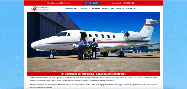 Air Ambulance Worldwide website showing aircraft and team
