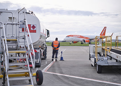 an active airport tarmac scene featuring ground operations around an EasyJet aircraft.