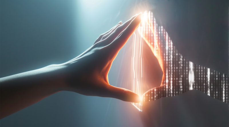 Digital illustration of a human hand interacting with a glowing digital interface, symbolising data exchange, virtual environments and digital twin technology