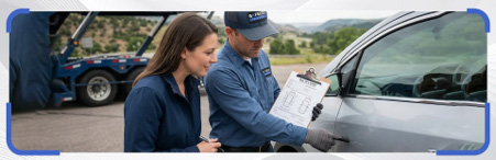 A technician is reviewing a clipboard while explaining vehicle status to a customer