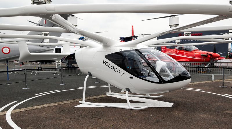 Electric vertical takeoff aircraft during a test flight as the US launches pilot programs for advanced air mobility.