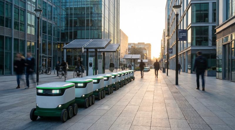 Autonomous delivery robot navigating a city sidewalk with buildings in the background