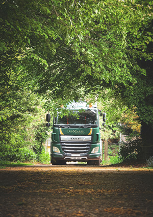  a green and white DAF truck emerging from a scenic, tree-lined path.