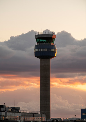 the air traffic control tower at East Midlands Airport.