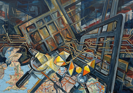 a complex, abstract painting that blends geometric forms with recognizable objects