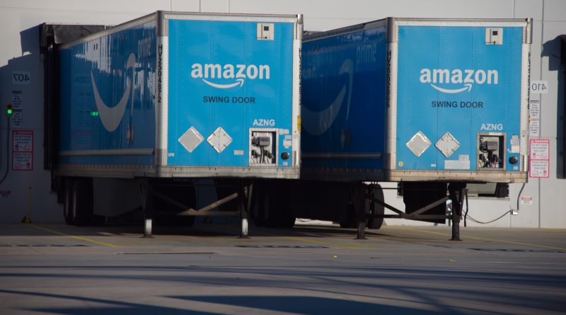 Amazon freight trailer moving through a logistics hub as the company expands less-than-truckload transportation services for businesses across the US.