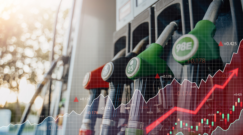 Close-up of fuel pump nozzles at a petrol station with an upward-trending stock market graph overlay, illustrating rising oil prices and increased fuel costs driven by geopolitical tensions.