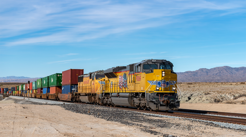 Union Pacific Cargo train passing by the desert in Palm Springs