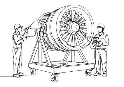 two technicians inspecting a large aircraft turbofan engine mounted on a maintenance stand