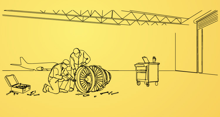 a line-art illustration of two mechanics working on a jet engine inside an aircraft hangar