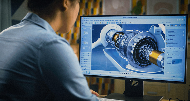 a person working at a computer with a 3D CAD software program displaying a turbine engine design