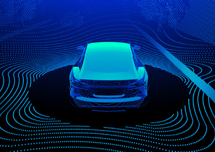a conceptual digital illustration of an autonomous vehicle surrounded by a glowing network of sensor data