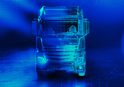a blue wireframe graphic of a modern commercial heavy-duty truck
