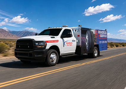 a white and blue Ram service truck from Southern Tire Mart