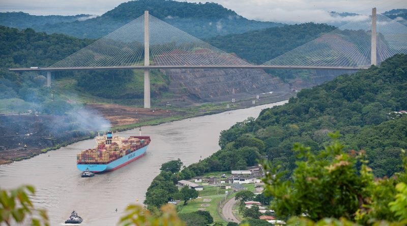 Container ship traveling through the Panama Canal amid drought-related shipping restrictions