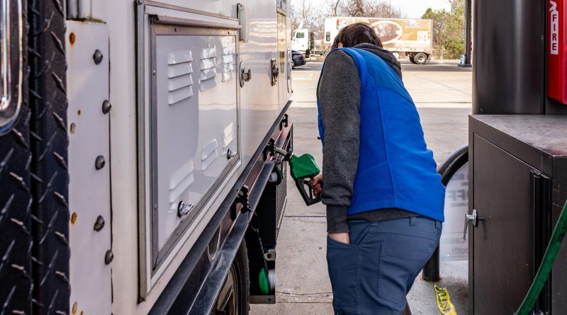 US truck traveling on a highway as diesel prices exceed $6 per gallon