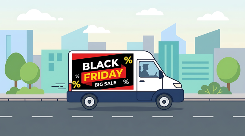 Alt text Illustration of a delivery van advertising a Black Friday sale driving through a city, representing holiday parcel delivery and peak-season shipping demand.