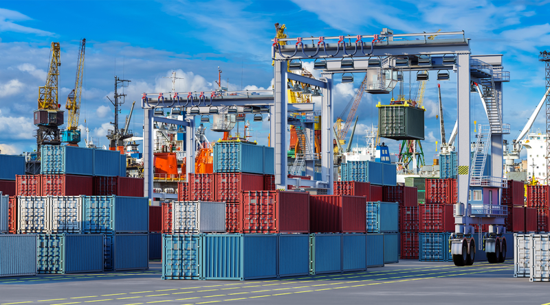 Container cranes and stacked cargo containers