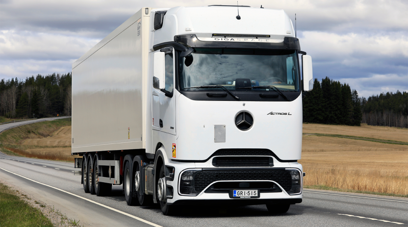 Road transport by new white Mercedes-Benz Actros L 2551 Procabin truck semi trailer.